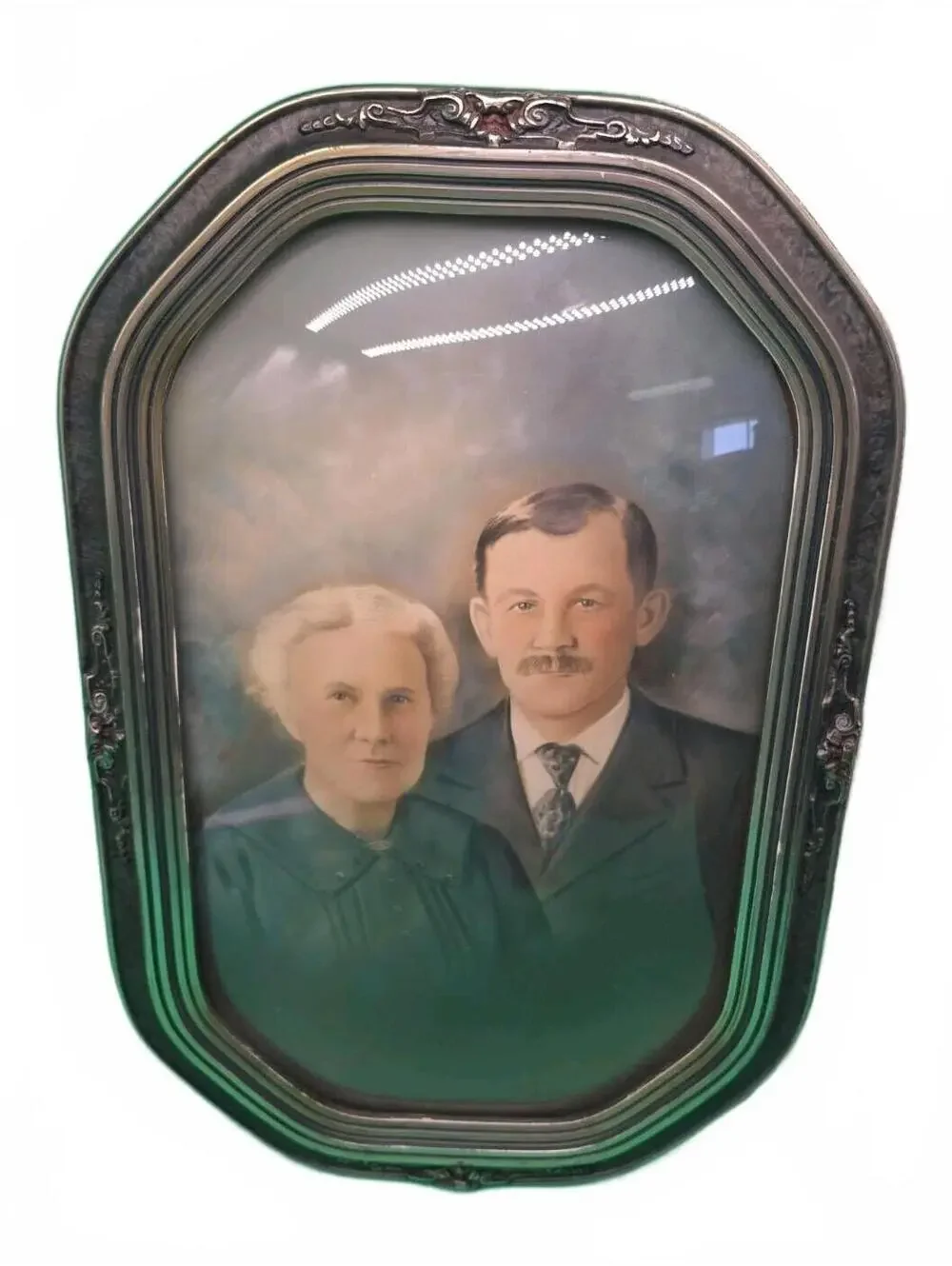 Vintage Antique Bubble Glass Picture Frame with Hand-Colored Portrait, 1930s-194